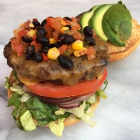 Gluten-free Southwestern Style Burger with corn and beans